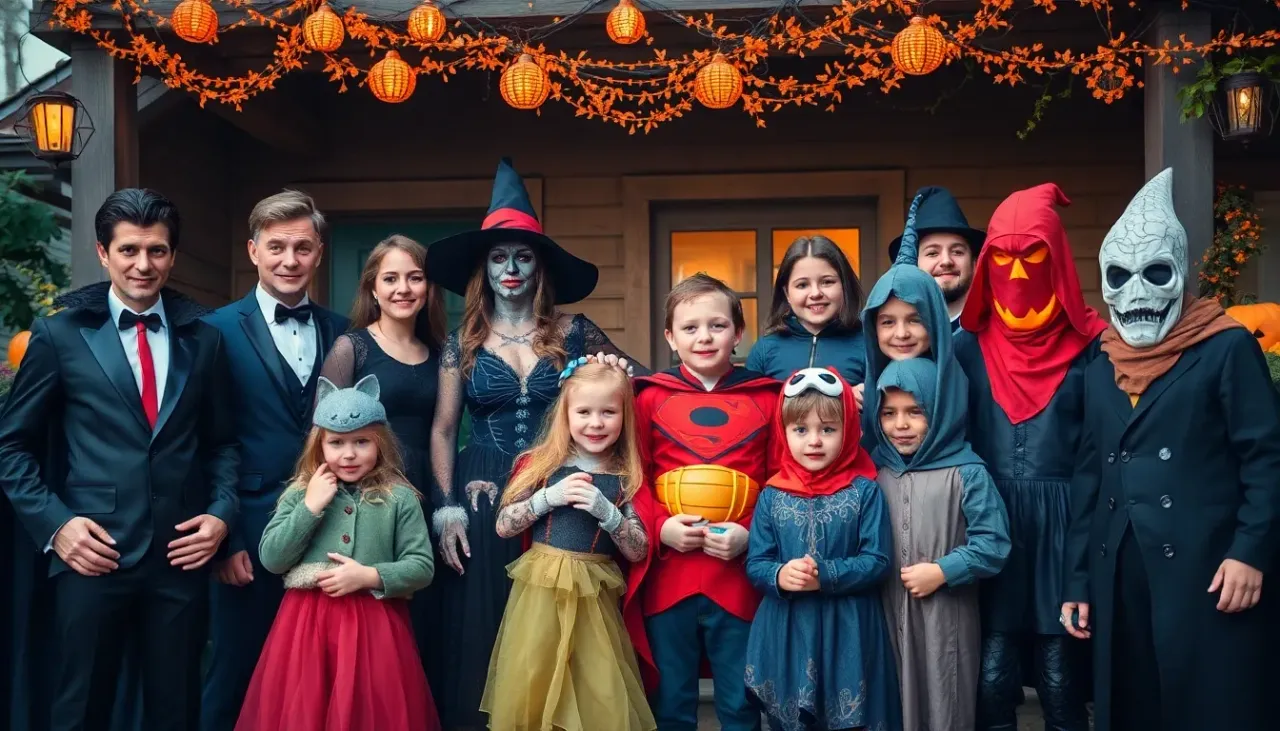 Un groupe d’adultes et d’enfants déguisés — sorcière, vampire, squelette — devant une maison décorée de lanternes orange le soir d’Halloween.